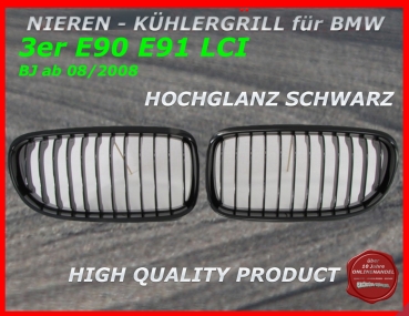 passend für BMW Nieren Kühlergrill Hochglanz Schwarz 3er E90 E91 ab 2008