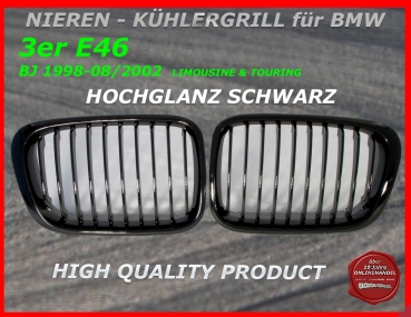 passend für BMW Nieren Kühlergrill Hochglanz Schwarz 3er E46 4 Türer  98-02