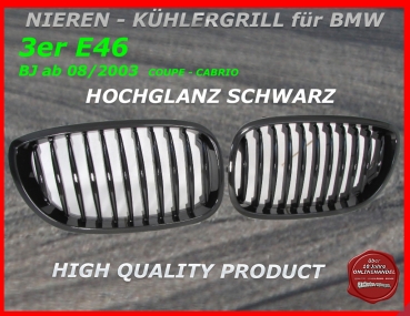 passend für BMW Nieren Kühlergrill Hochglanz Schwarz 3er E46 Coupe Cabrio ab 2003